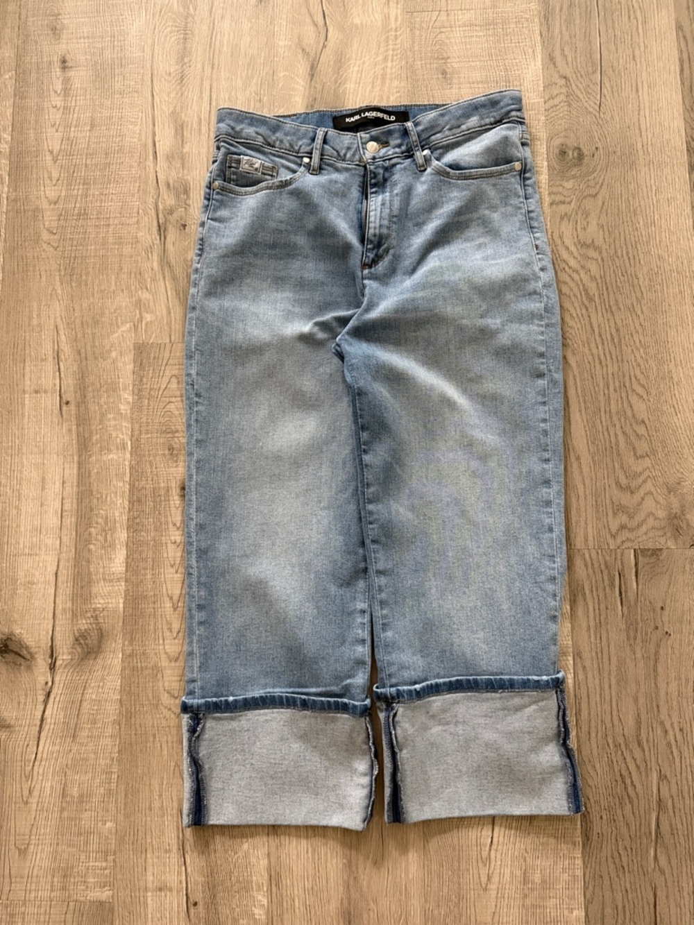 Karl Lagerfeld Light Wash Straight Crop Jeans with Cuffed Hem